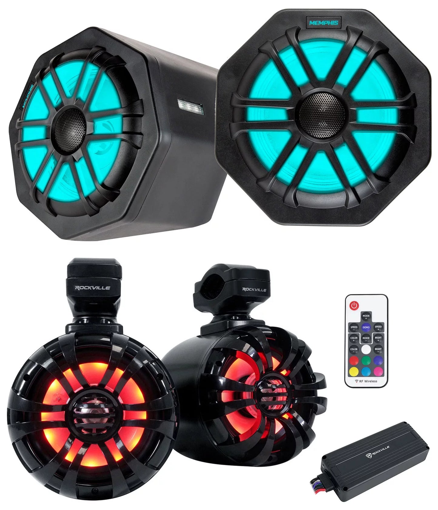 (2) Memphis Audio GEN65FE Pods+LED Tower Speakers+Amp For year+ Polaris General